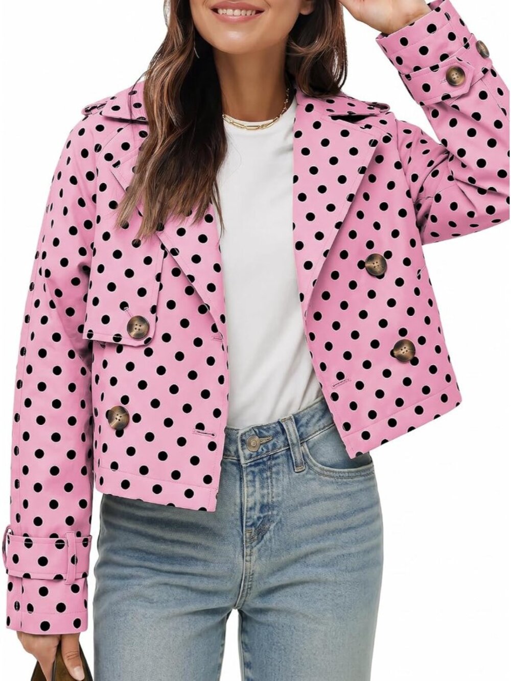 Women Pink Cropped Polka Dot Double Breasted Oversized Lapel Collar Trench Coat